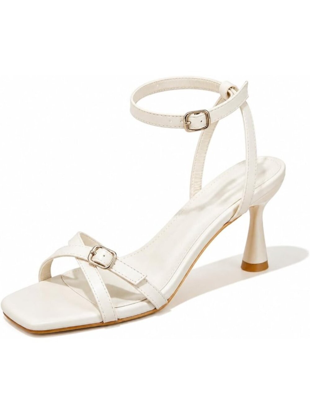 Women's White Square Toe Heeled Sandals Adjustable Ankle Strap Dress Sandals